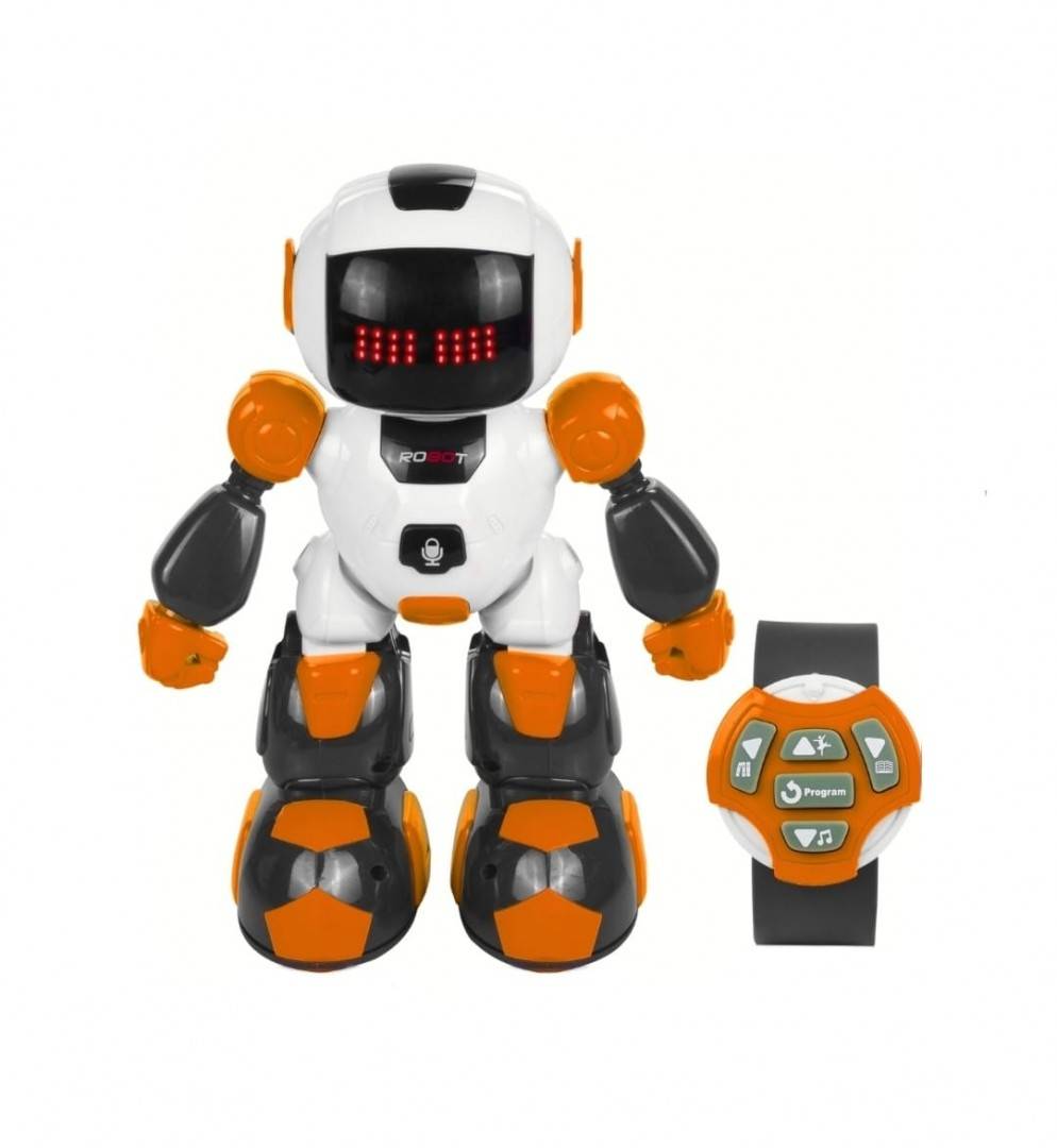 Robotel dansator Buddy cu telecomanda sub forma de ceas, alb/portocaliu, 27 cm