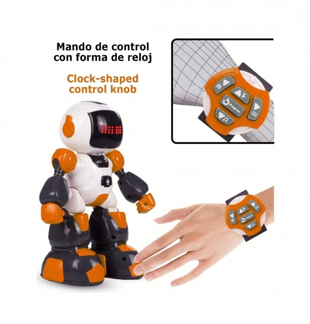Robotel dansator Buddy cu telecomanda sub forma de ceas, alb/portocaliu, 27 cm