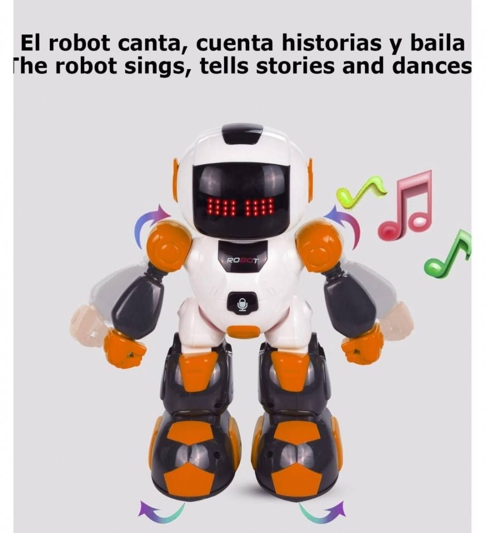 Robotel dansator Buddy cu telecomanda sub forma de ceas, alb/portocaliu, 27 cm