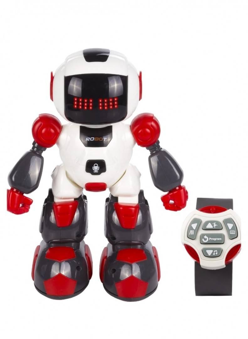 Robotel dansator Buddy cu telecomanda sub forma de ceas, alb/rosu, 27 cm