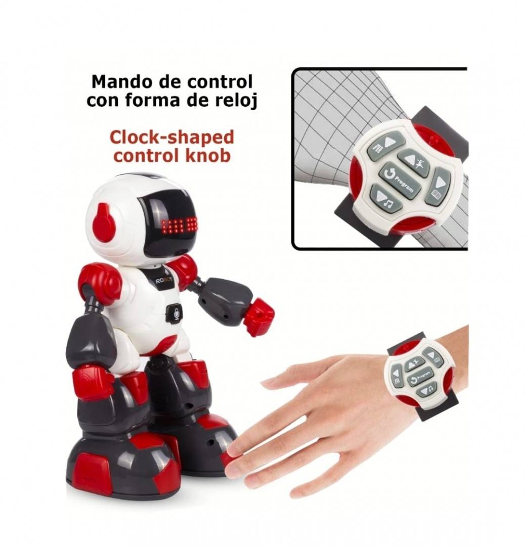 Robotel dansator Buddy cu telecomanda sub forma de ceas, alb/rosu, 27 cm