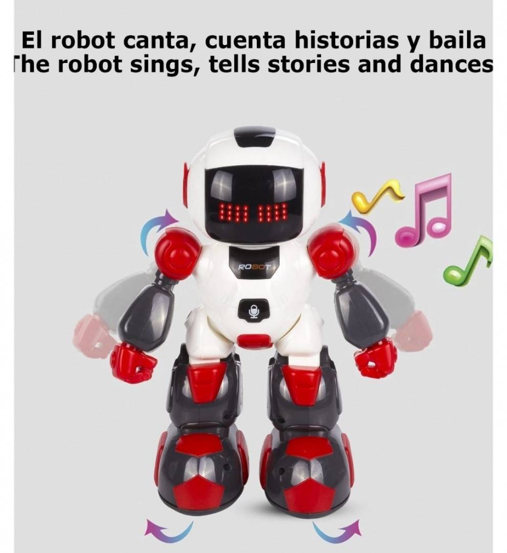 Robotel dansator Buddy cu telecomanda sub forma de ceas, alb/rosu, 27 cm