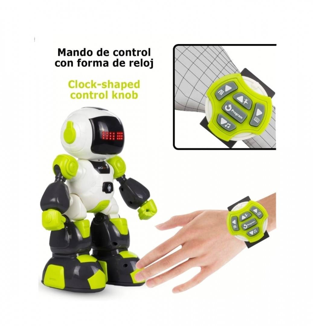 Robotel dansator Buddy cu telecomanda sub forma de ceas, alb/verde, 27 cm