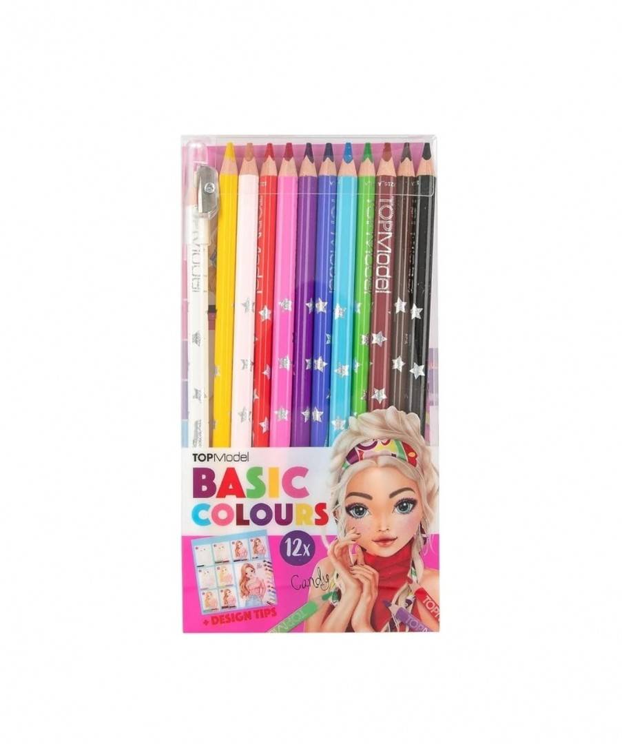Set 12 creioane de colorat cu ascutitoare, Top Model, multicolor