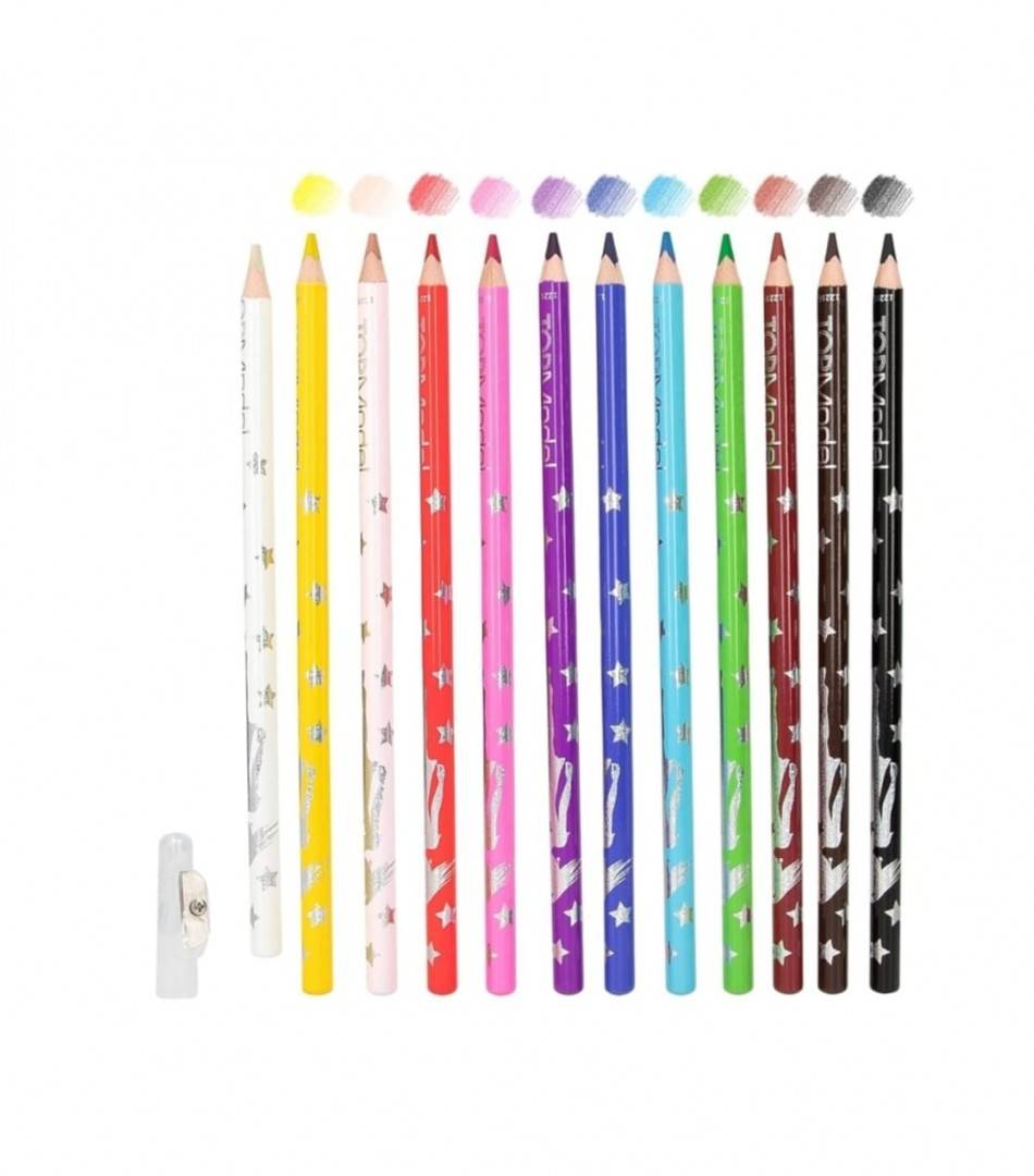 Set 12 creioane de colorat cu ascutitoare, Top Model, multicolor