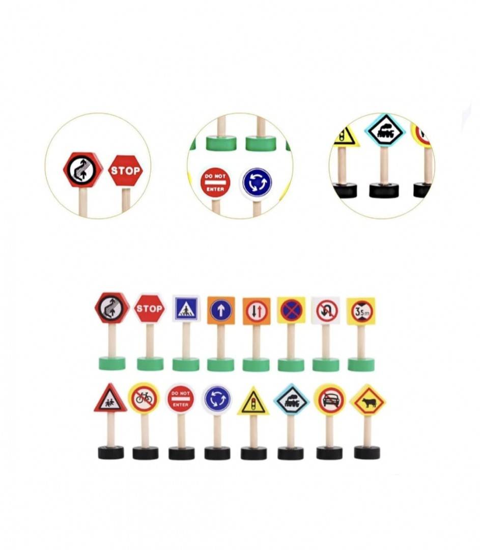 Set 16 piese indicatoare rutiere din lemn, multicolor