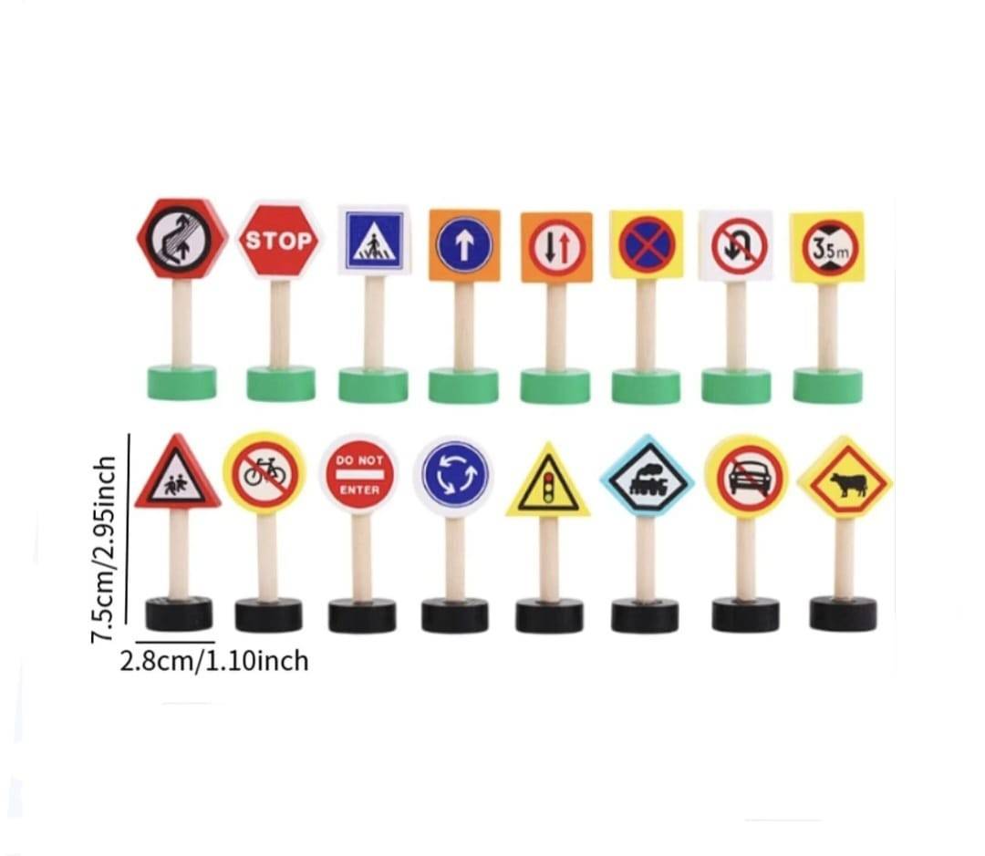 Set 16 piese indicatoare rutiere din lemn, multicolor
