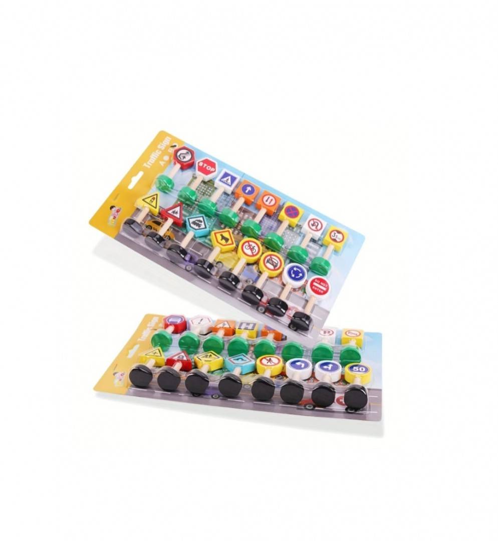 Set 16 piese indicatoare rutiere din lemn, multicolor