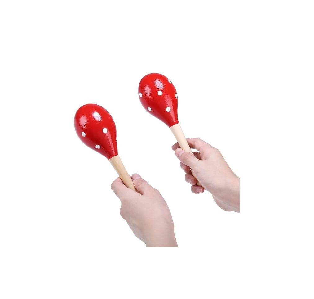 Set 2 Instrumente Bino Maracas Rumba, lemn, rosu/alb, 20 cm