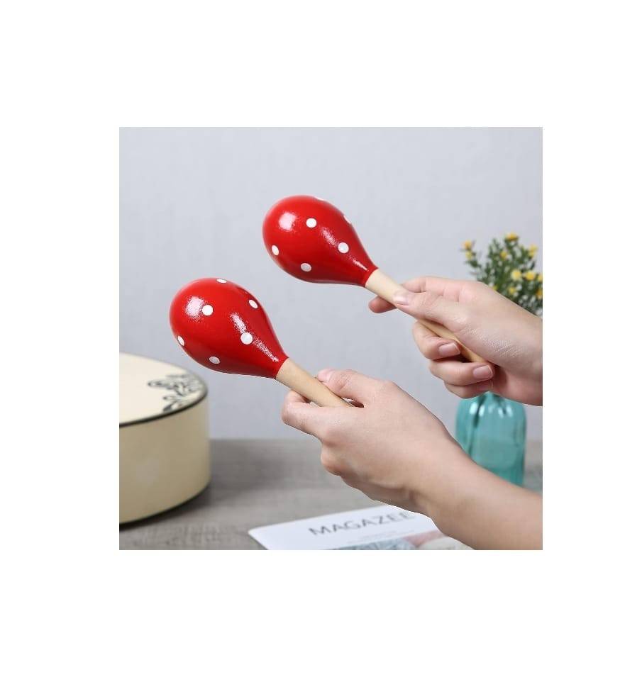 Set 2 Instrumente Bino Maracas Rumba, lemn, rosu/alb, 20 cm