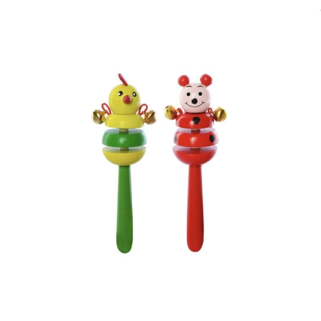 Set 2 jucarii muzicale, Castaniete, clopotei, lemn, galben/rosu, 16 cm
