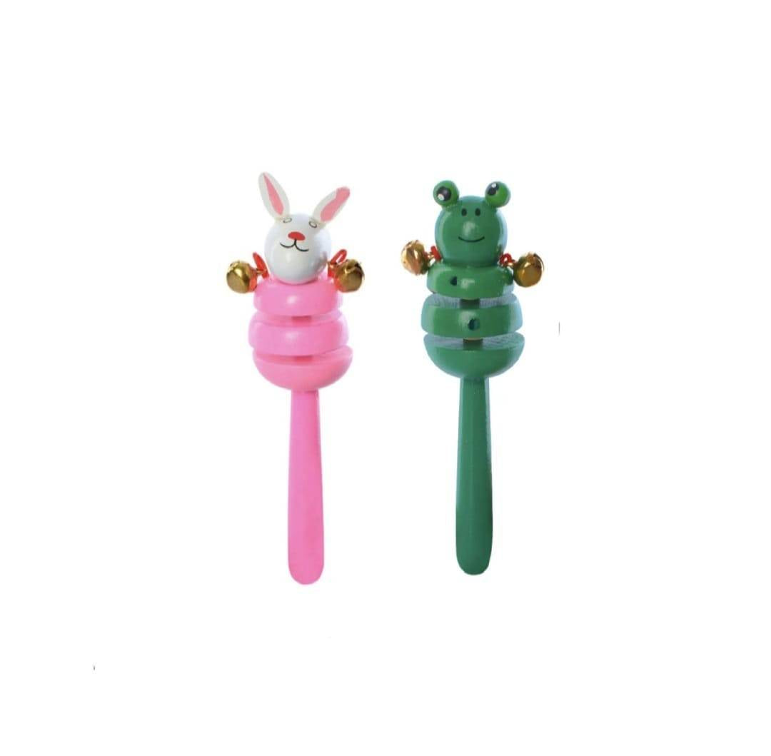 Set 2 jucarii muzicale, Castaniete, clopotei, lemn, verde/roz, 16 cm