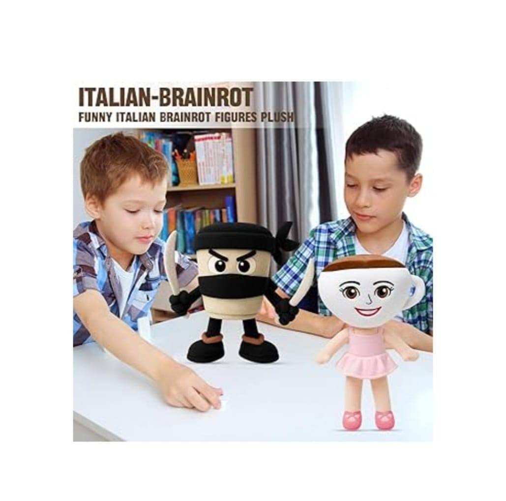 Set 2 Mascote de plus, Tralalero Tralala Tagliaspada si Cappuccino, multicolor, 36 cm – imagine 2 | Masha Shop