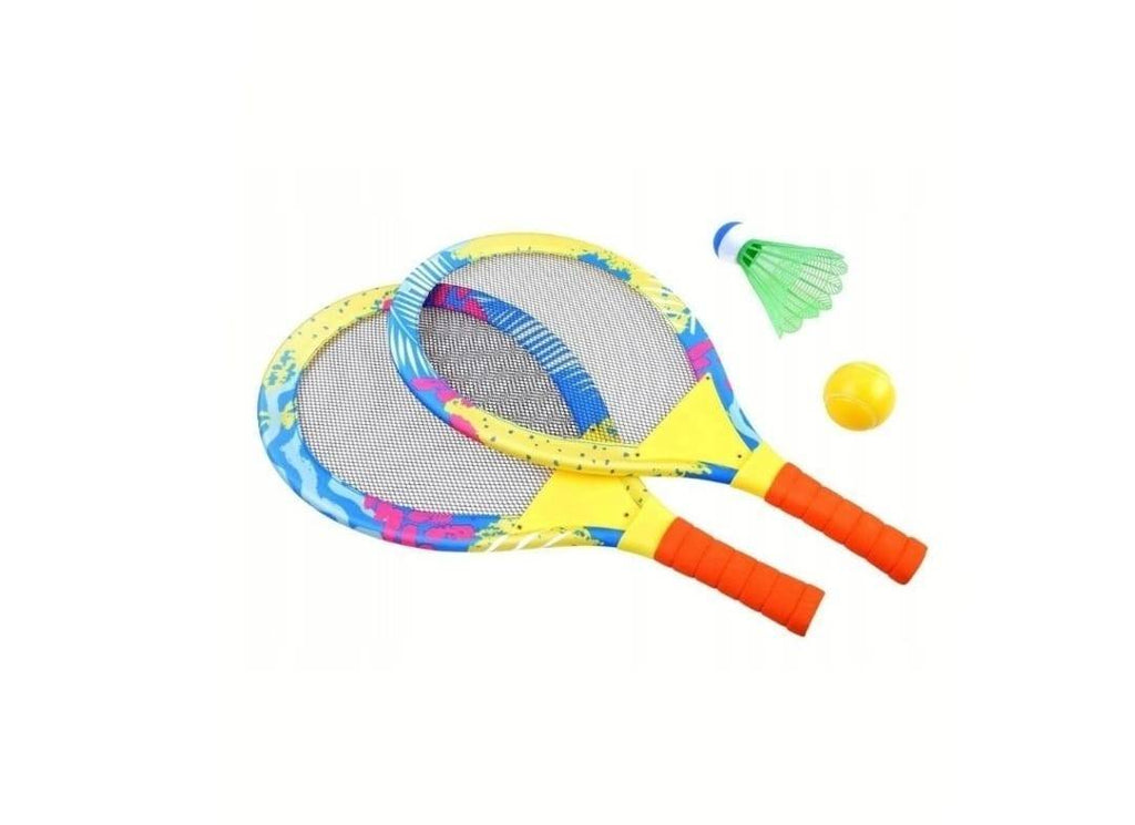 Set 2 palete cu plasa textila, pentru tenis si badminton, cu minge si fluturas, multicolor, 54 cm