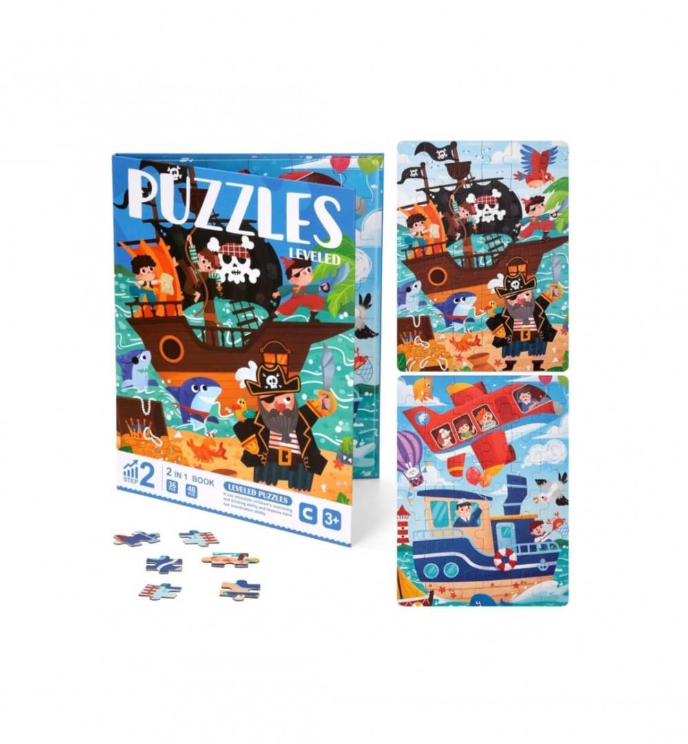 Set 2 Puzzle-uri magnetice, Pirati, lemn, multicolor, 3 ani+