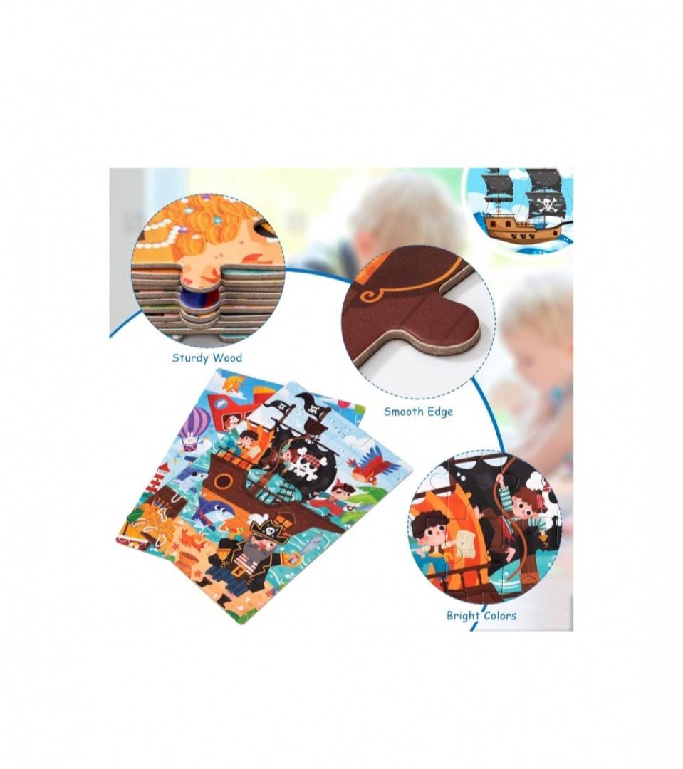 Set 2 Puzzle-uri magnetice, Pirati, lemn, multicolor, 3 ani+