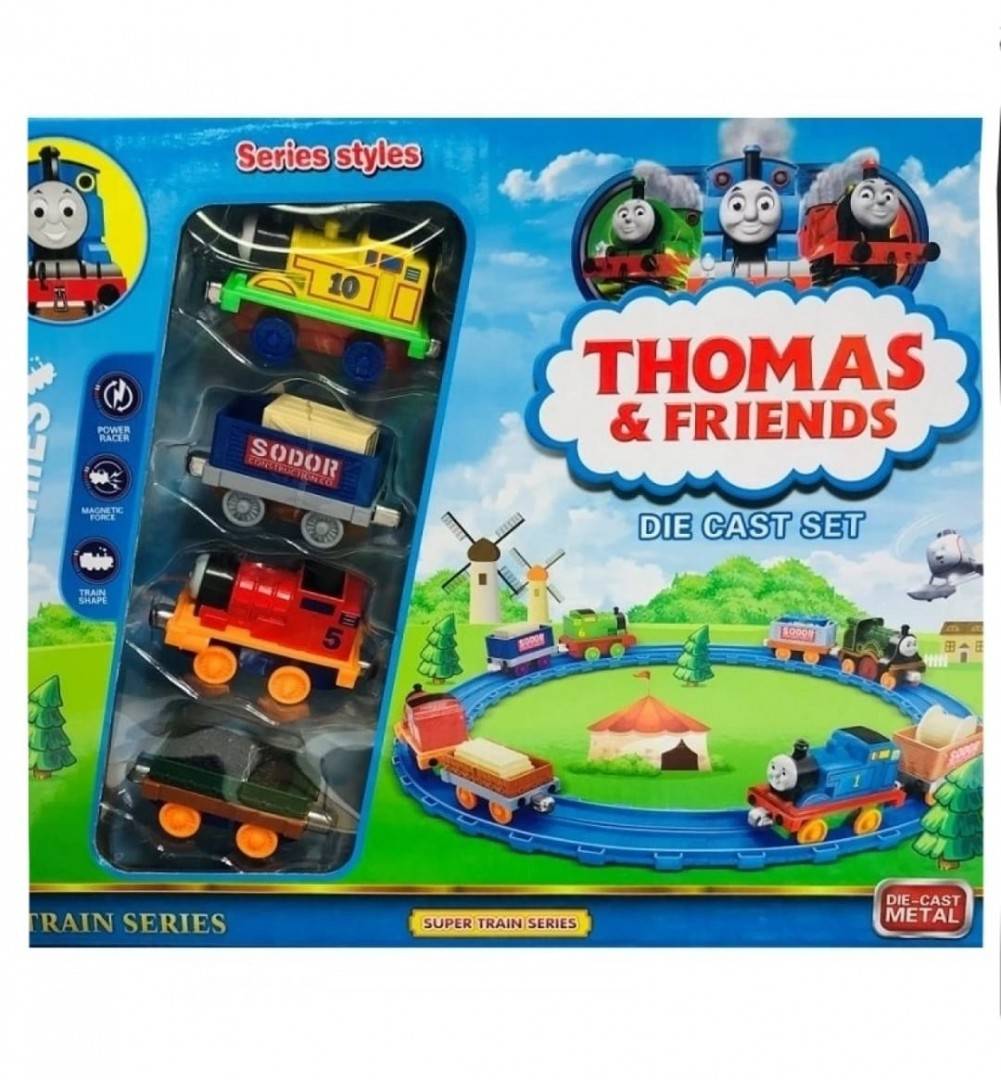 Set 2 vagoane si 2 locomotive,Thomas, cu sina, metalic, galben/rosu