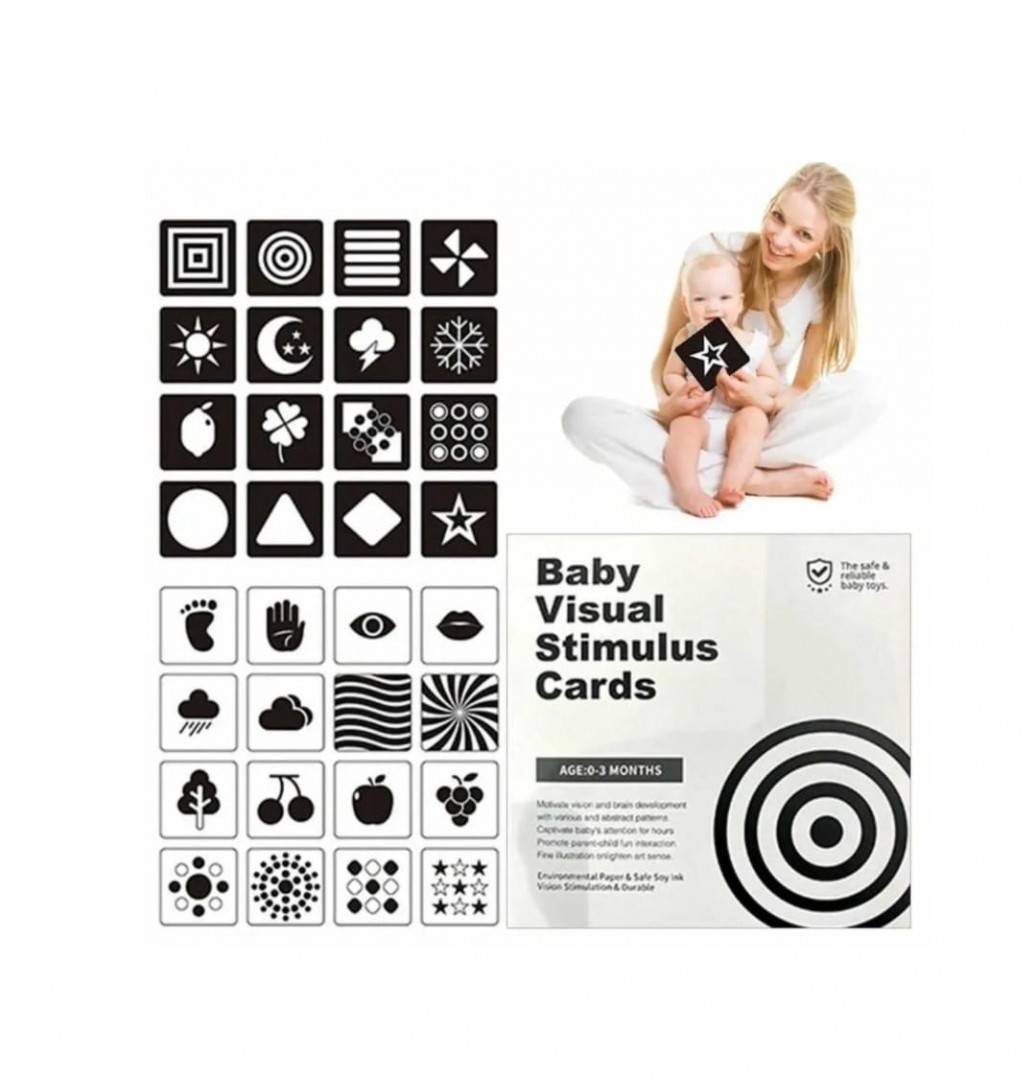 Set 20 carduri, stimulare vizuala bebe, Black and White Visual Card, 14 cm, 3 luni +