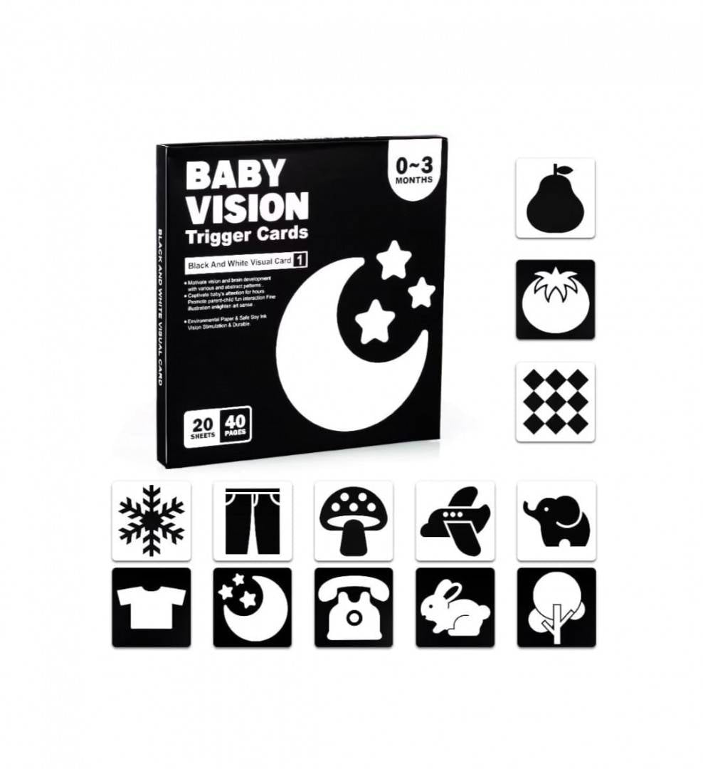 Set 20 carduri, stimulare vizuala bebe, Black and White Visual Card, 14 cm, 3 luni +