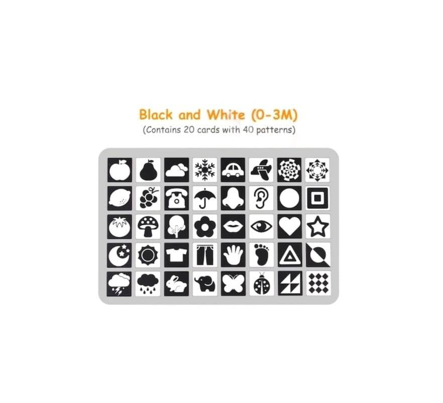 Set 20 carduri, stimulare vizuala bebe, Black and White Visual Card, 14 cm, 3 luni +
