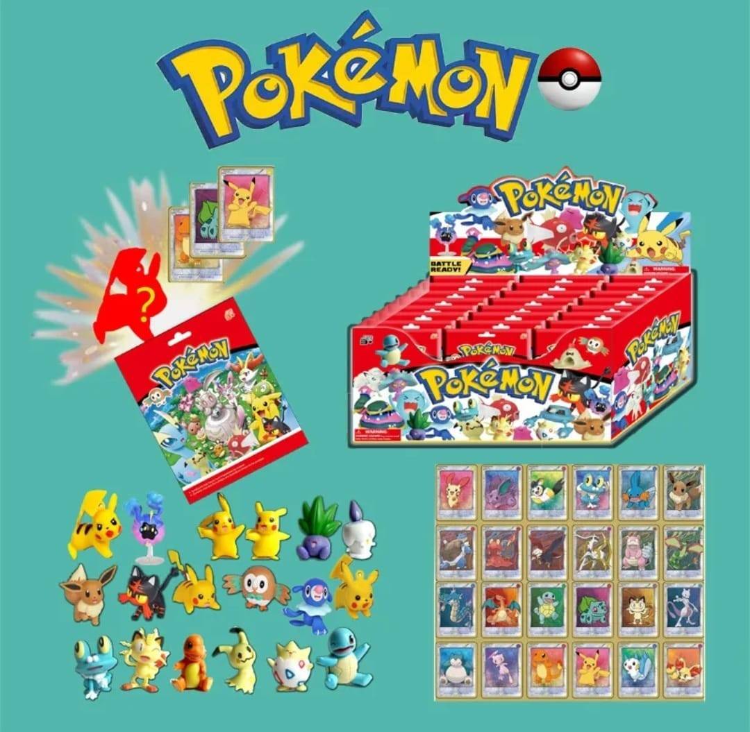 Set 24 Pliculete Pokemon, cu figurina si cartonase supriza, multicolor, 7 cm