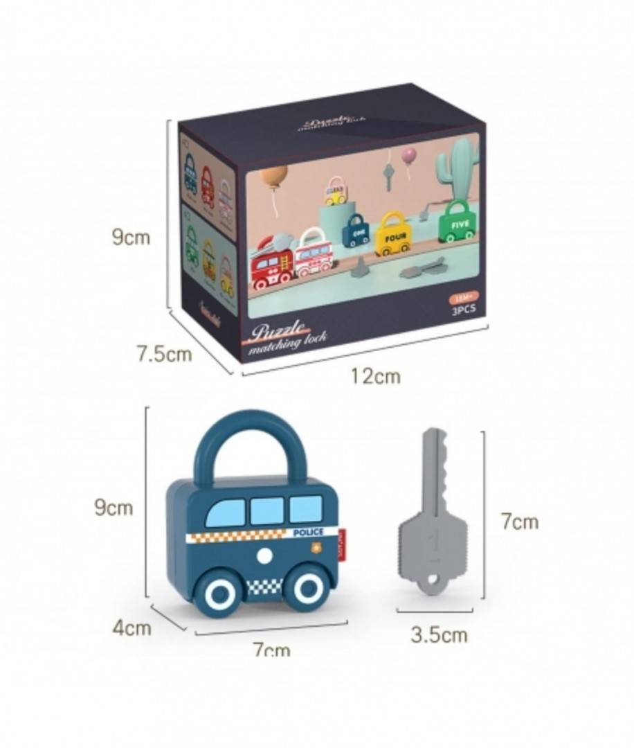 Set 3 Lacate, Masinute cifre si chei, multicolor, 9 cm