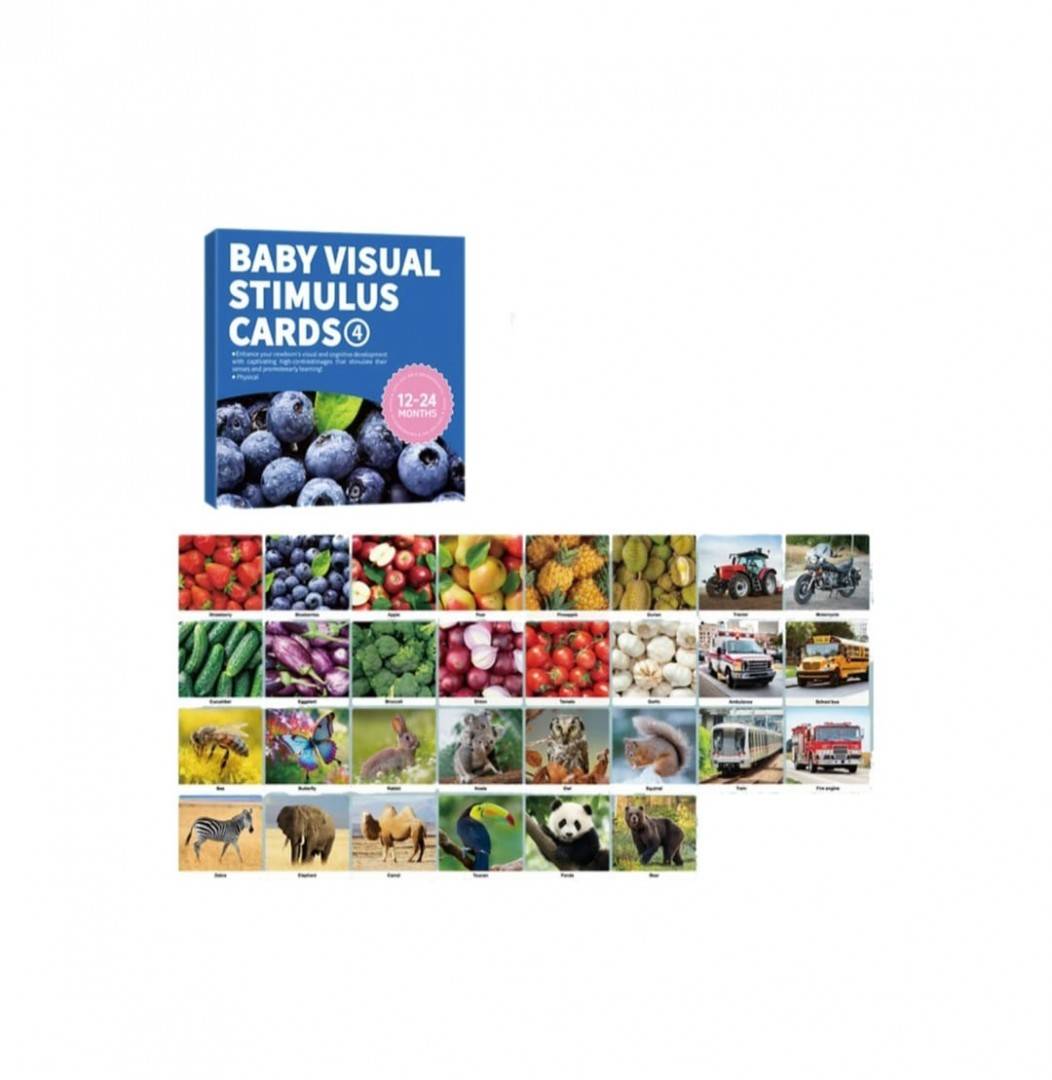 Set 30 Carduri ilustrate, imagini stimulare cognitiva copii si bebelusi, multicolor, 12-24 luni