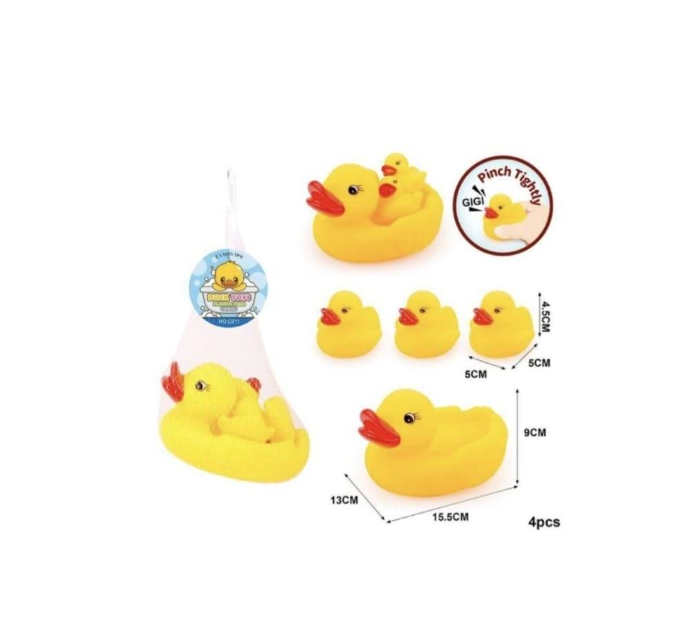 Set 4 jucarii de baie, Ratusca mama cu trei bobocei, galben, 5 cm - 13 cm