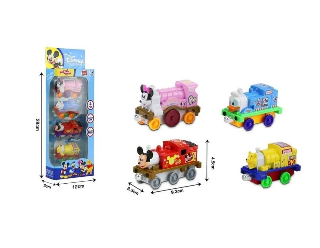 Set 4 locomotive metalice cu magnet, tip Mickey Mouse, multicolor