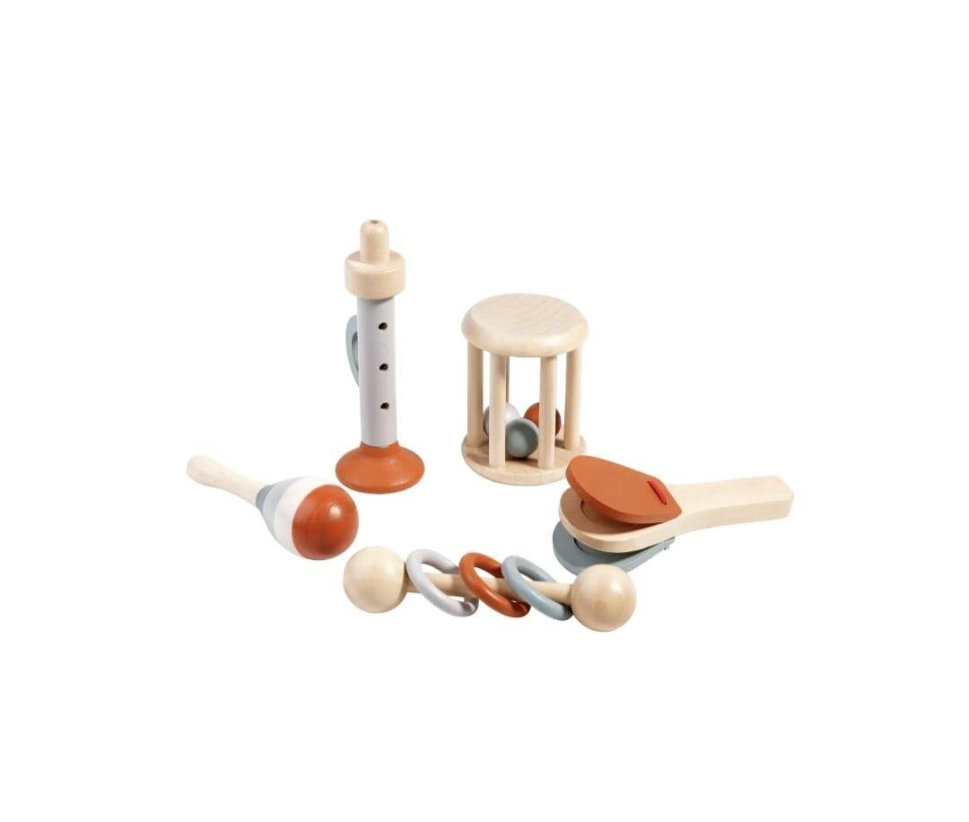 Set 5 Instrumente muzicale de jucarie, montessori, lemn, multicolor