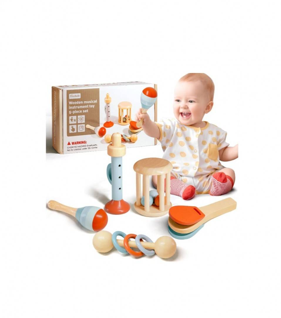 Set 5 Instrumente muzicale de jucarie, montessori, lemn, multicolor