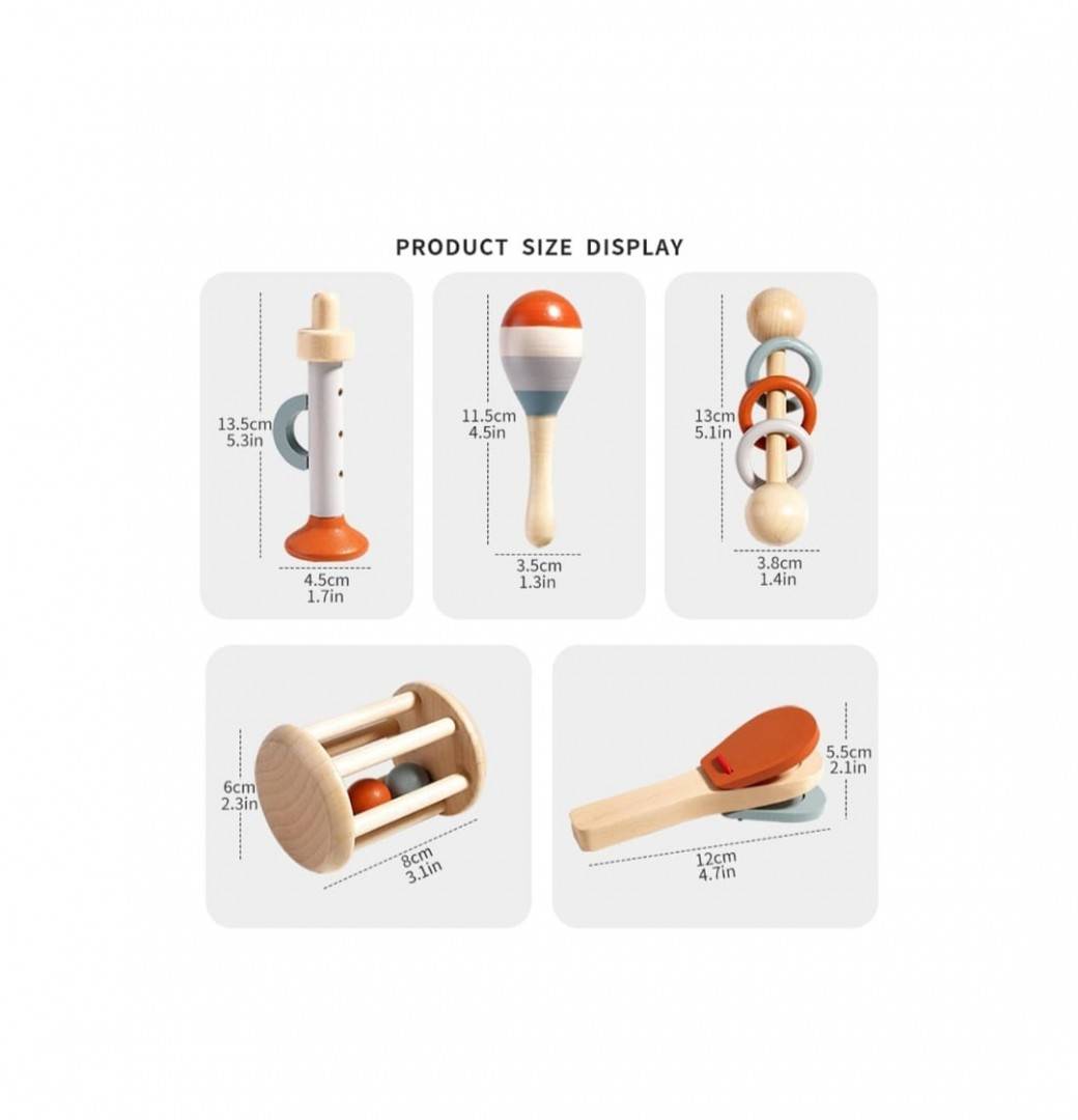 Set 5 Instrumente muzicale de jucarie, montessori, lemn, multicolor