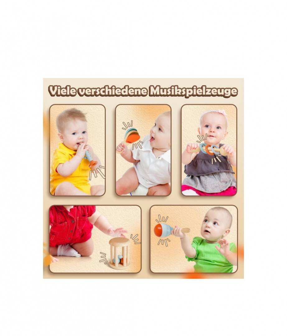 Set 5 Instrumente muzicale de jucarie, montessori, lemn, multicolor