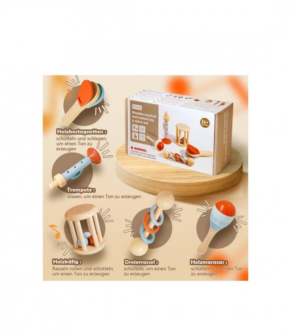 Set 5 Instrumente muzicale de jucarie, montessori, lemn, multicolor