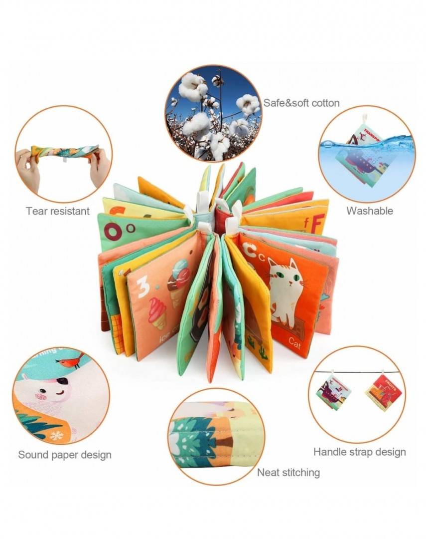 Set 6 carticele textile educative cu pagini chitaitoare si fosnaitoare pentru bebelusi, multicolor, 12 cm