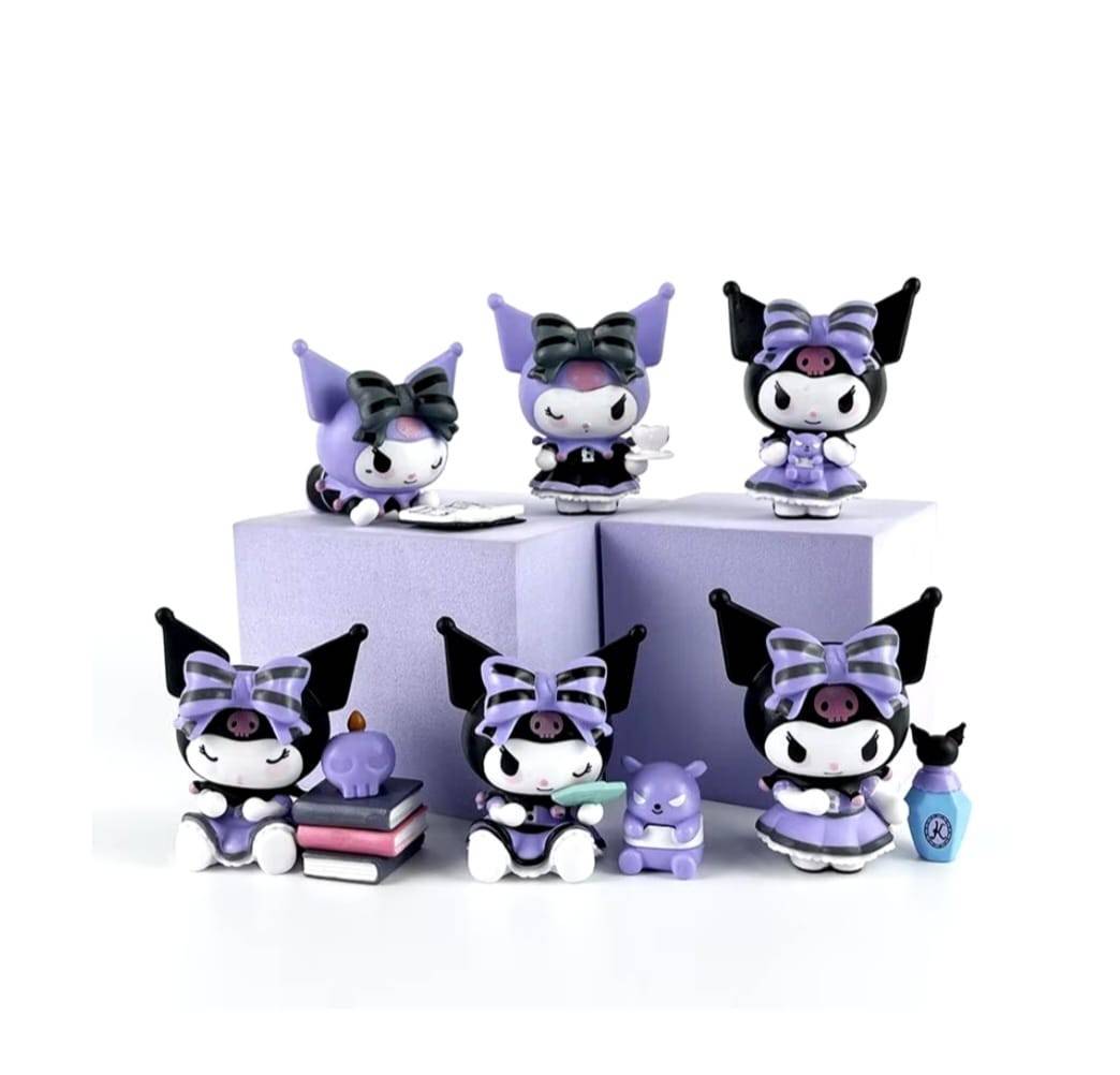 Set 7 Figurine tip Kuromi Hello Kitty, 3 accesorii, multicolor, 7 cm