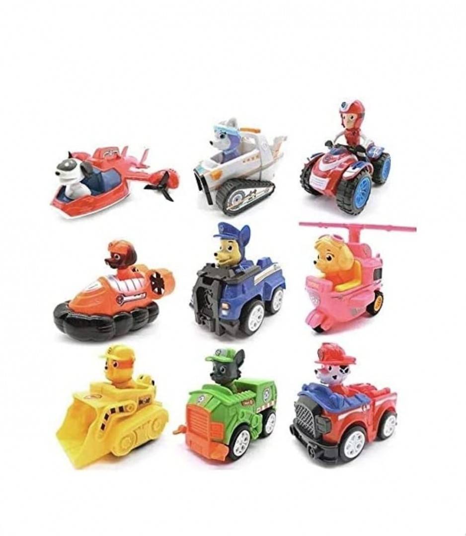 Set 9 Figurine Catelusi cu masinute, multicolor, 8 cm