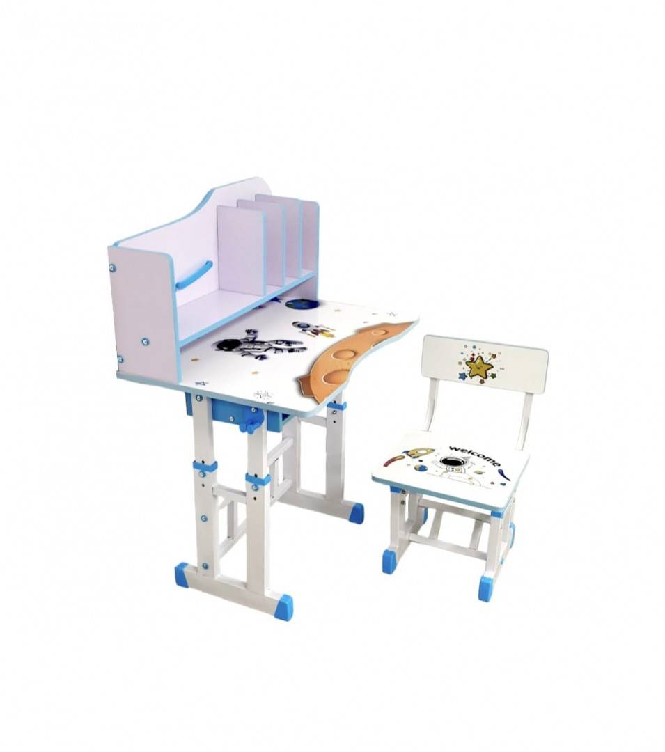 Set birou cu scăunel, metalic, reglabil pe înălțime, alb/albastru, 69x45 cm