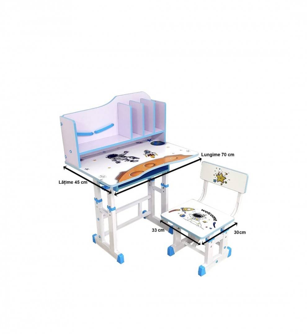 Set birou cu scăunel, metalic, reglabil pe înălțime, alb/albastru, 69x45 cm