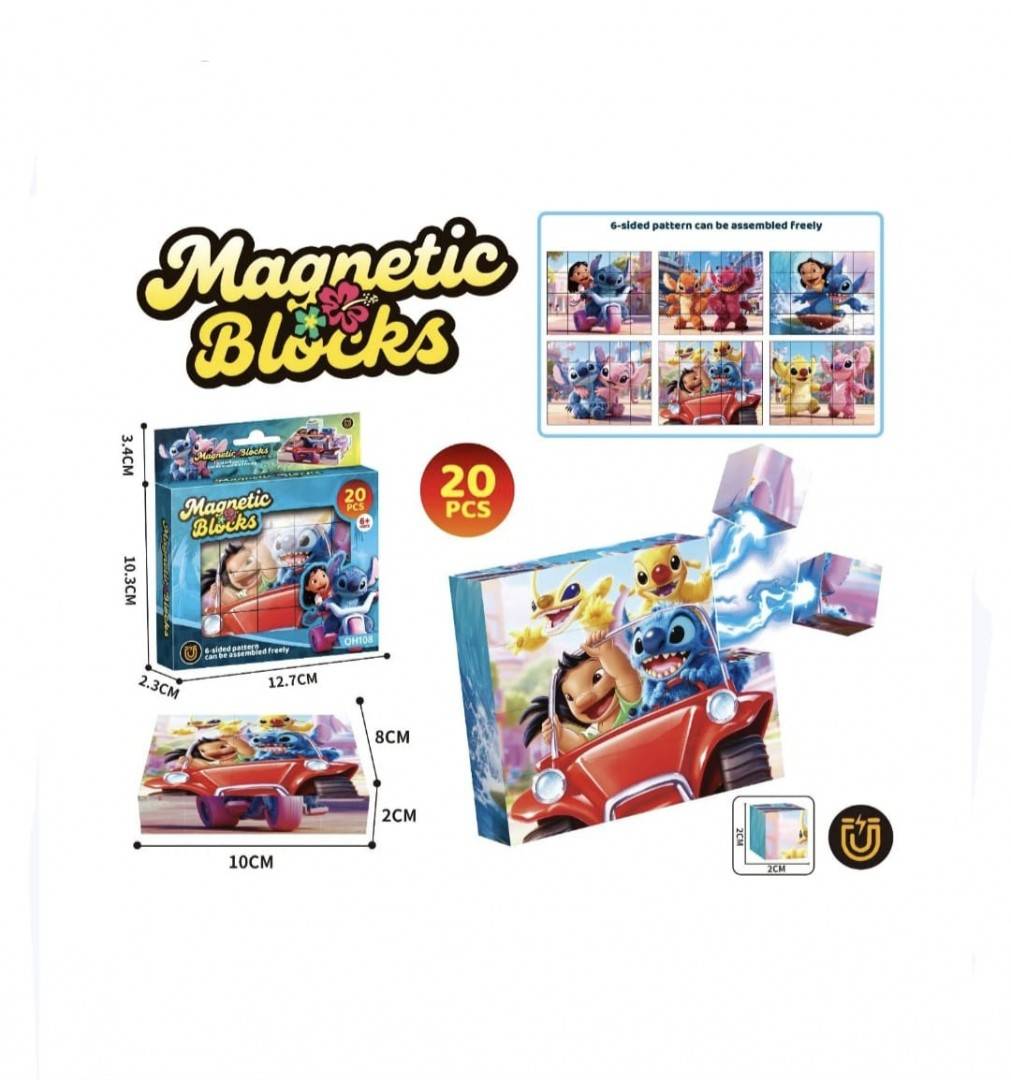 Set Blocuri magnetice de constructie, puzzle, Stitch, MASHASHOP, multicolor, 20 buc