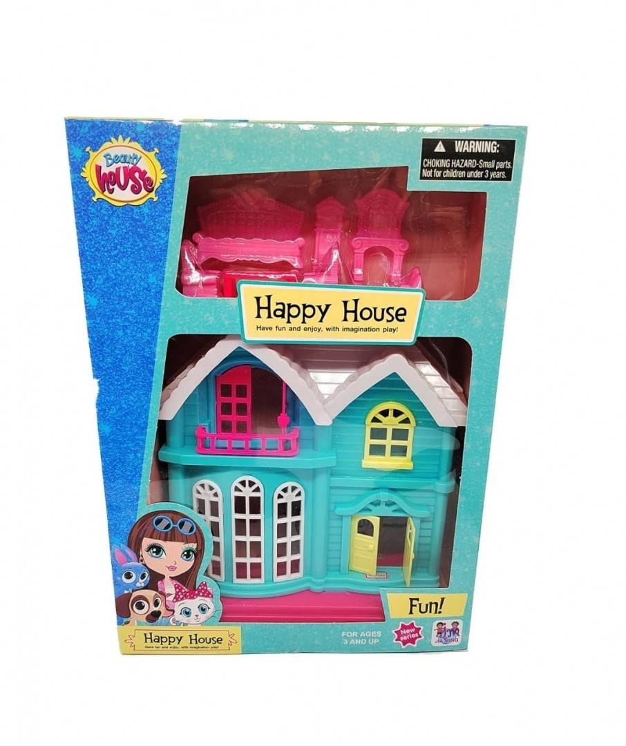 Set Casuta de papusi, Happy House, 7 accesorii, bleu, 18 cm