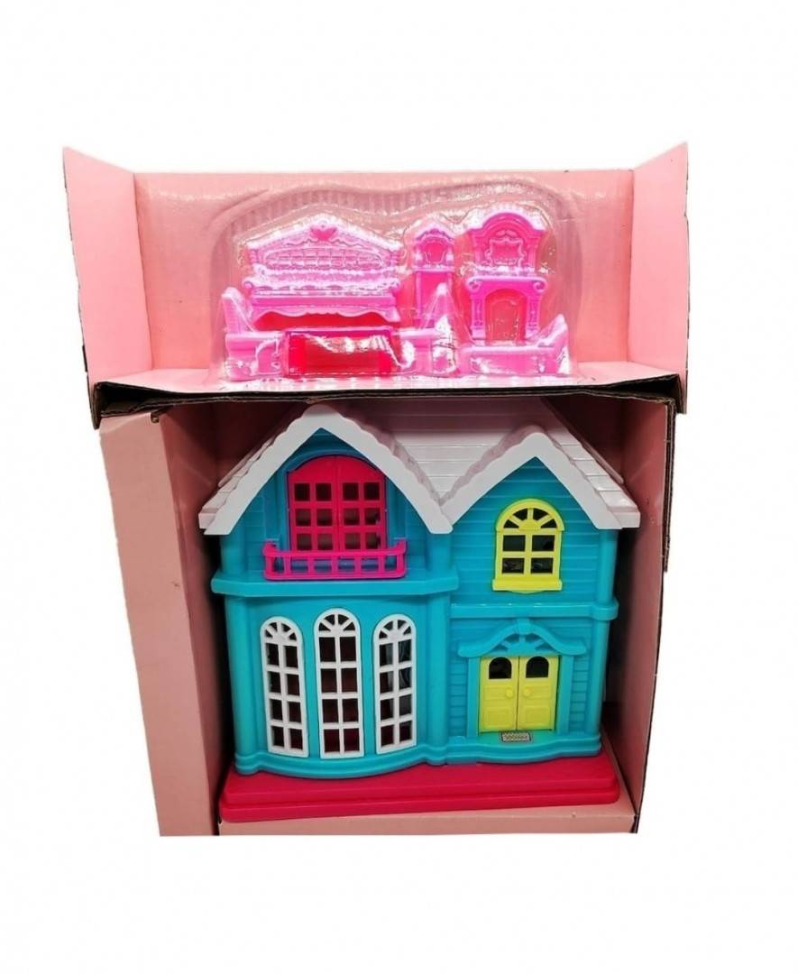 Set Casuta de papusi, Happy House, 7 accesorii, bleu, 18 cm