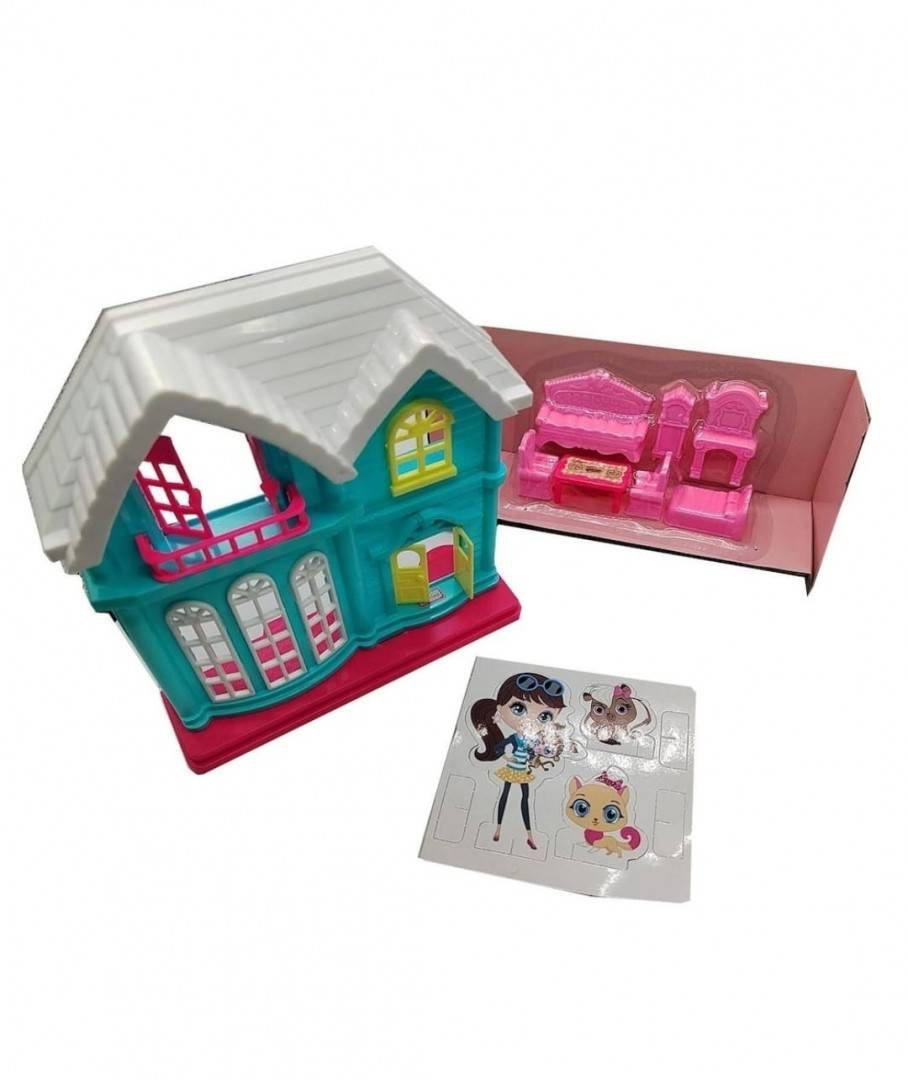 Set Casuta de papusi, Happy House, 7 accesorii, bleu, 18 cm