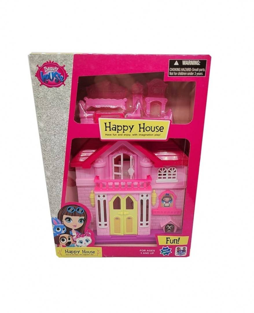 Set Casuta de papusi, Happy House, 7 accesorii, roz, 18 cm