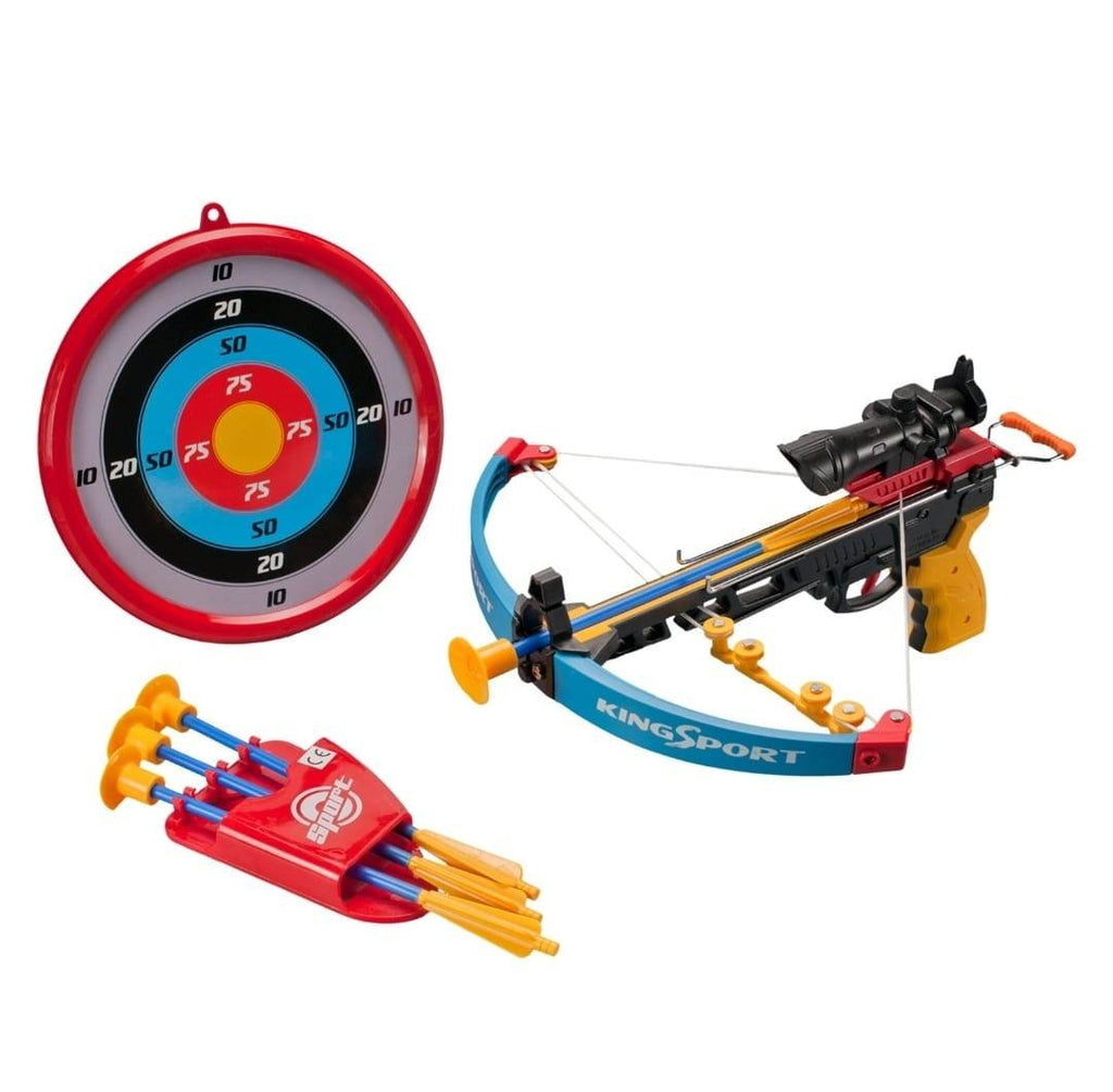 Set complet arbaleta pistol, cu ghidaj, 3 sageti si scut, cu ventuza, multicolor