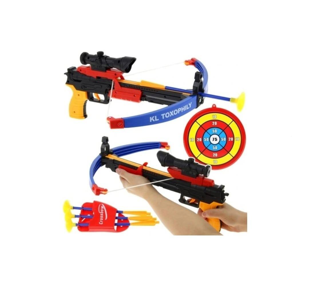 Set complet arbaleta pistol, cu ghidaj, 3 sageti si scut, cu ventuza, multicolor