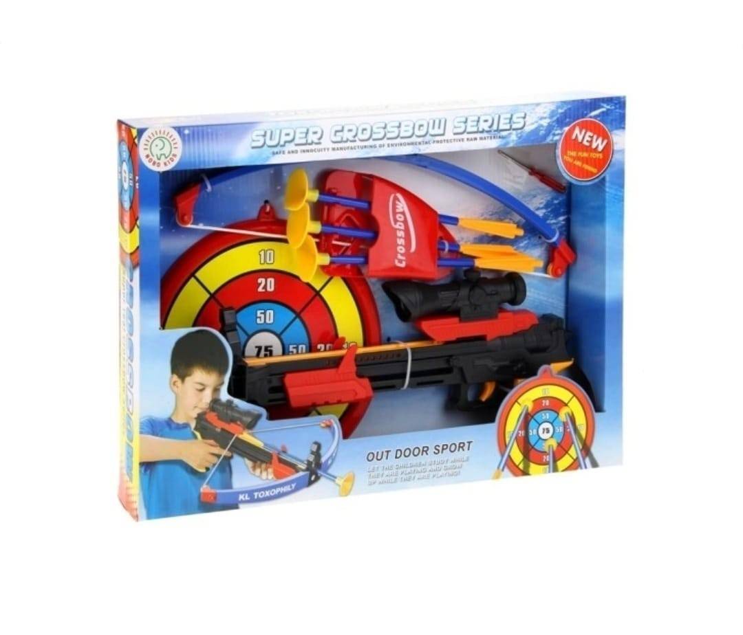 Set complet arbaleta pistol, cu ghidaj, 3 sageti si scut, cu ventuza, multicolor