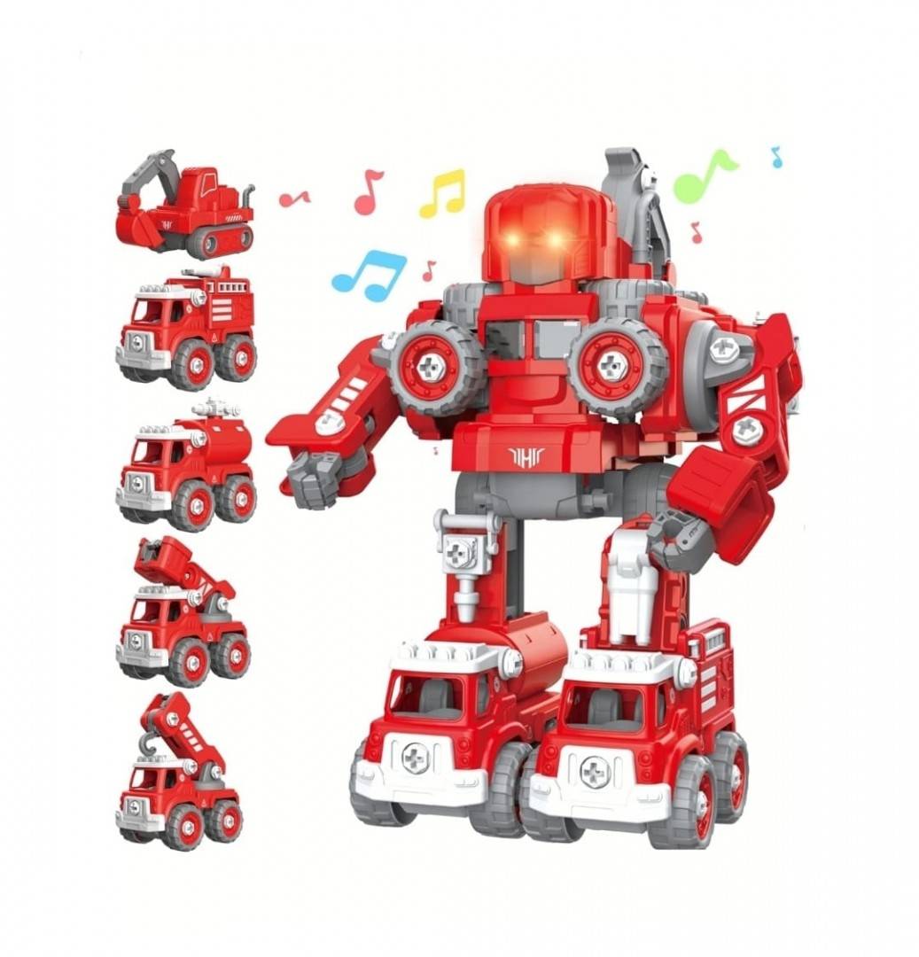 Set constructie robot 5 in 1, jucarie educationala, usor de asamblat si dezasamblat, cu sunete, rosu, 31 cm
