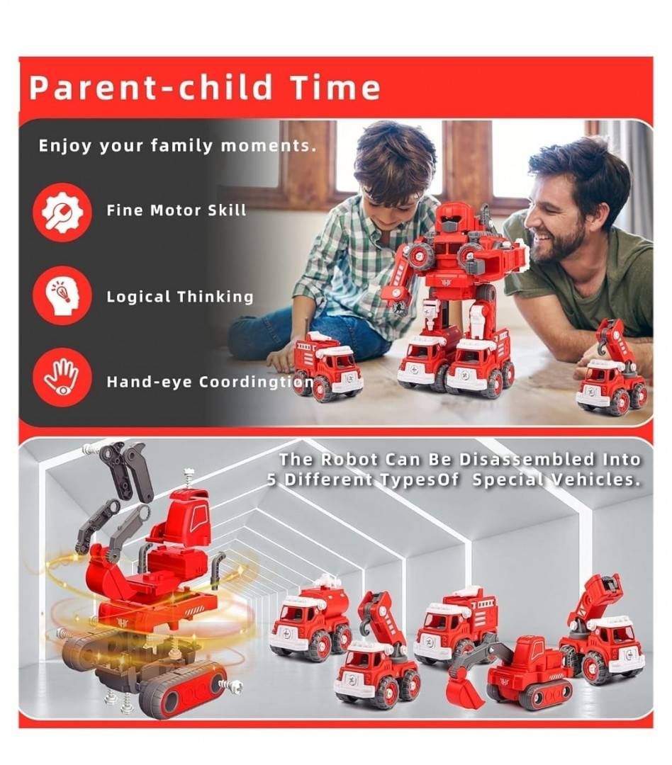 Set constructie robot 5 in 1, jucarie educationala, usor de asamblat si dezasamblat, cu sunete, rosu, 31 cm