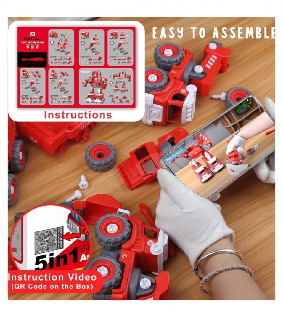 Set constructie robot 5 in 1, jucarie educationala, usor de asamblat si dezasamblat, cu sunete, rosu, 31 cm